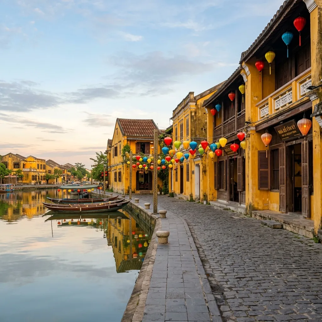 A quiet historic street in Hoi An, Vietnam, decorated with vibrant colored silk lanterns reflecting in the water