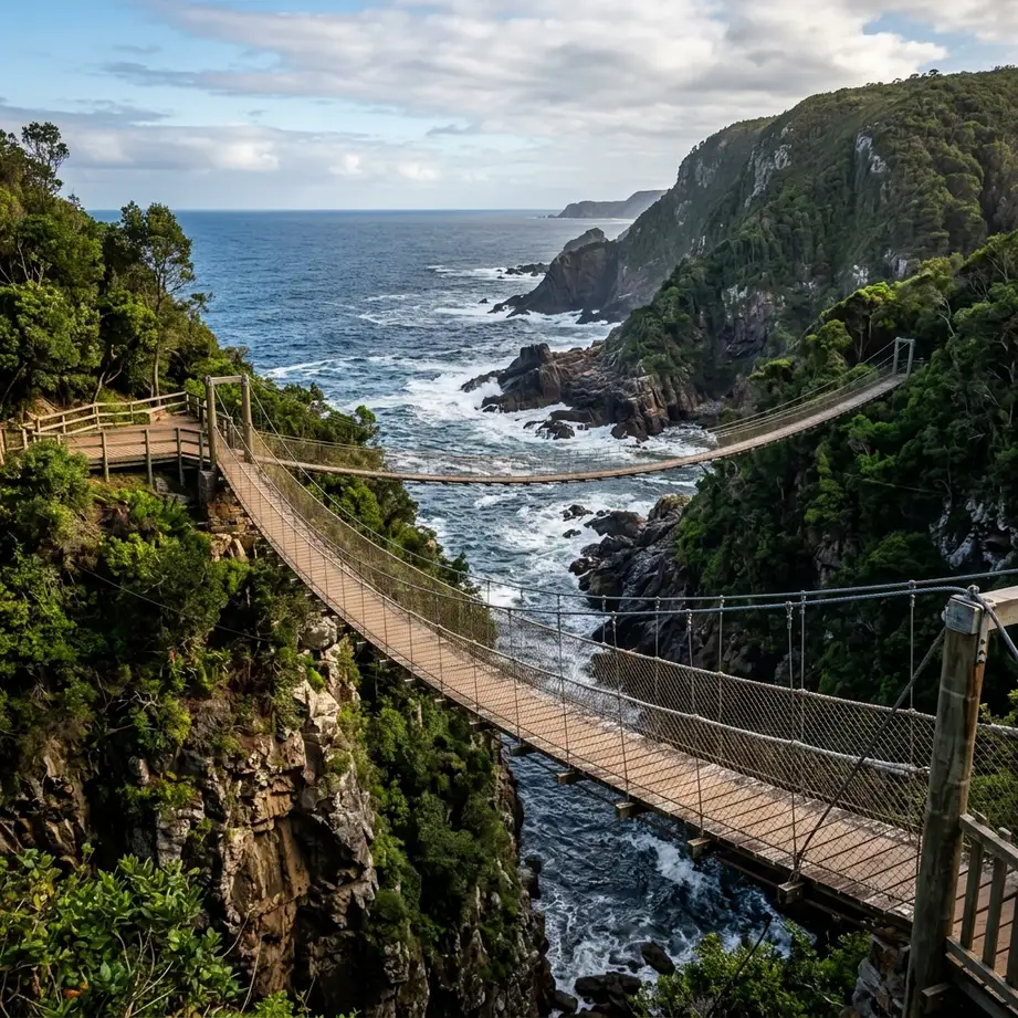 A wooden suspension bridge stretching across a deep green forest gorge in South Africa