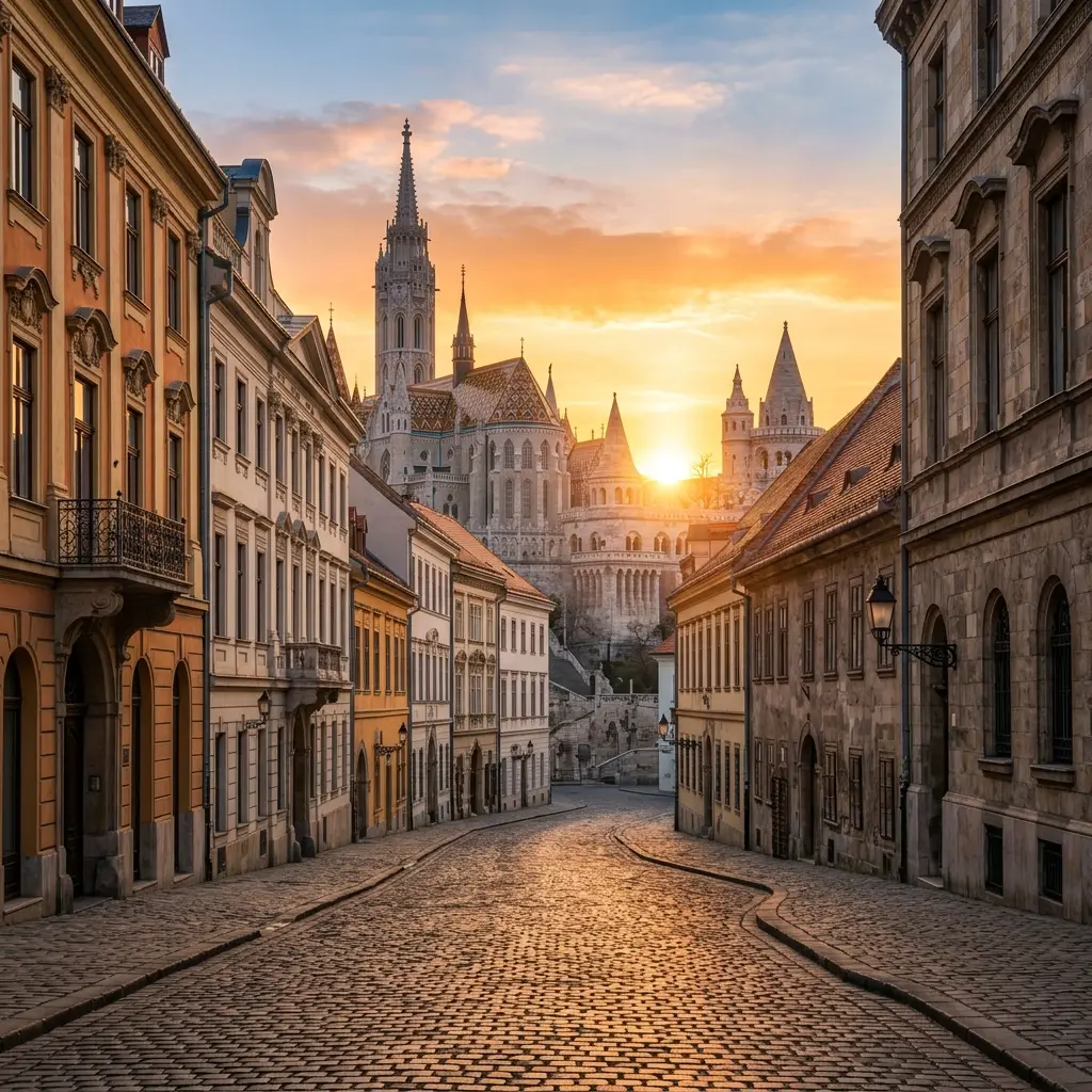 Historic European cobblestone street at sunrise in Budapest