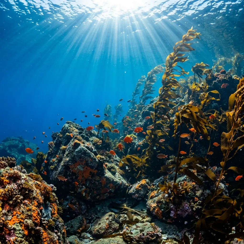 Deep blue crystal clear ocean water with underwater rocks and kelp at Neptune Islands South Australia