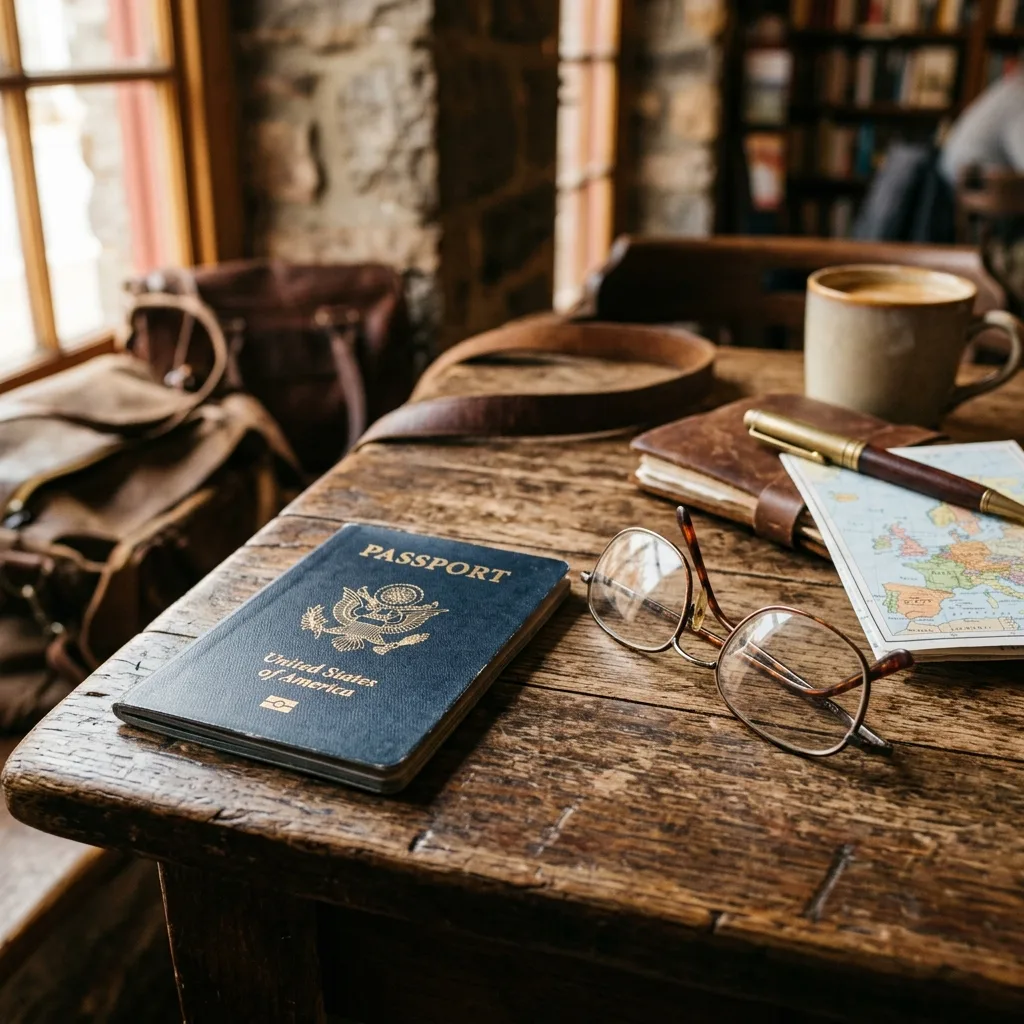 A physical passport booklet resting on a rustic wooden table next to a pair of eyeglasses