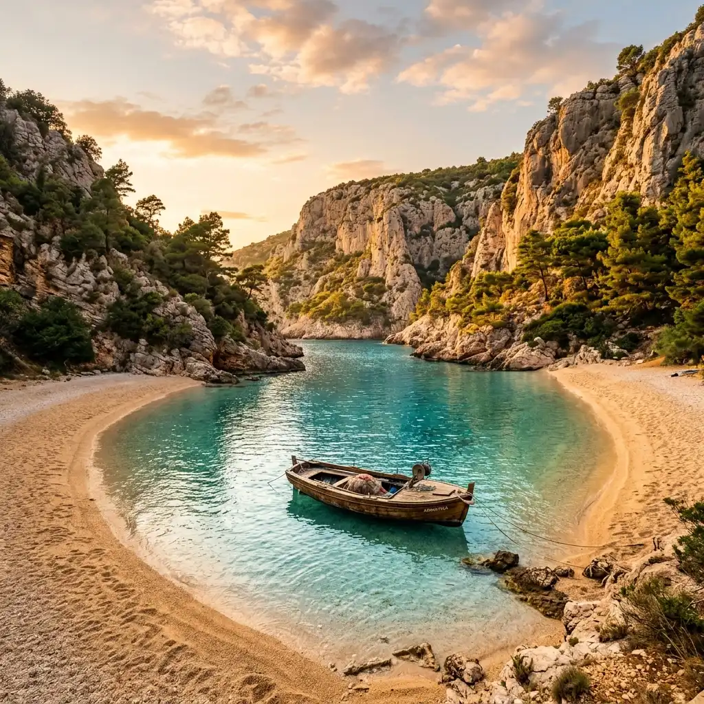 A pristine European beach cove with crystal-clear turquoise Adriatic water, golden sand, and towering cliffs