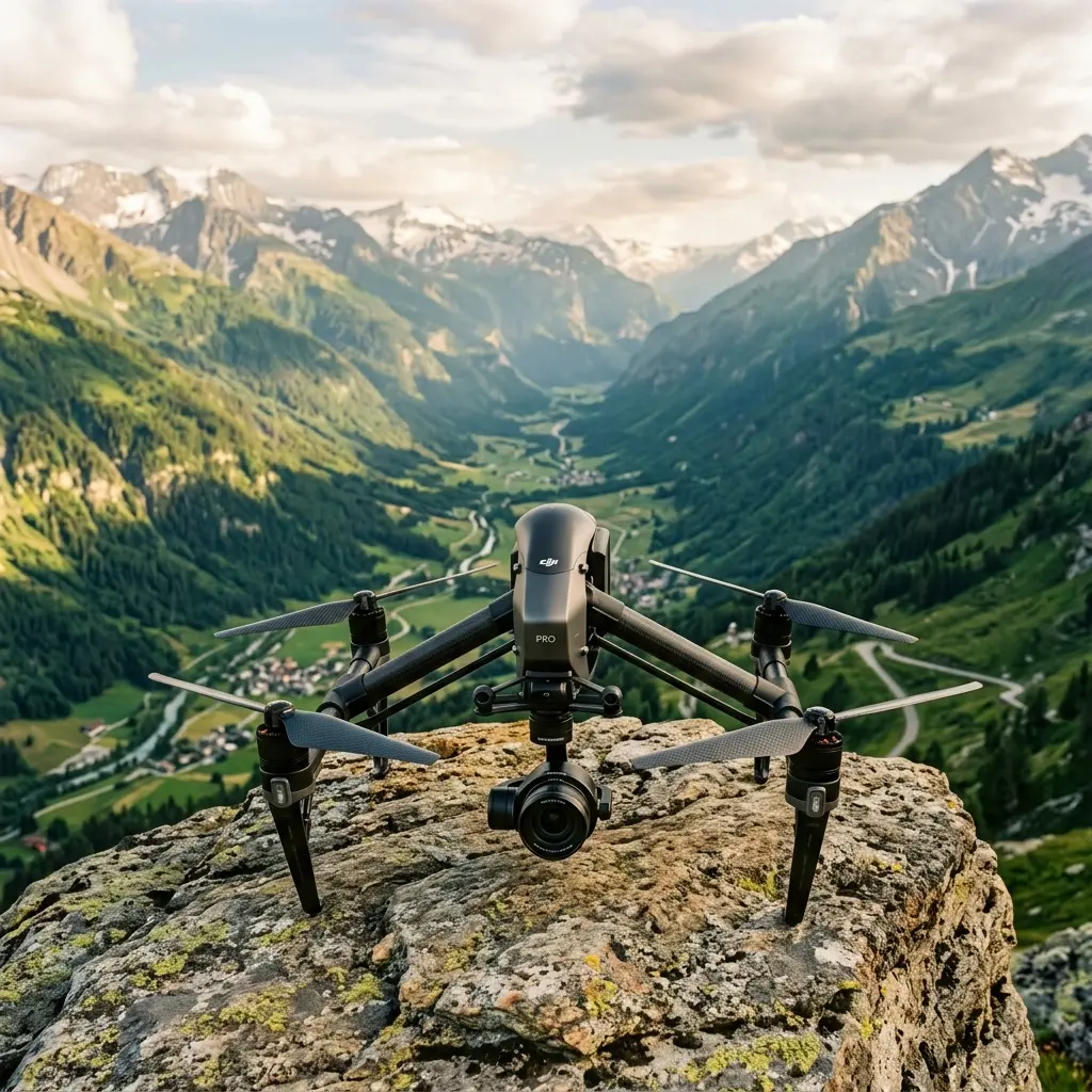 High-end camera drone resting on a mountain rock overlooking a valley