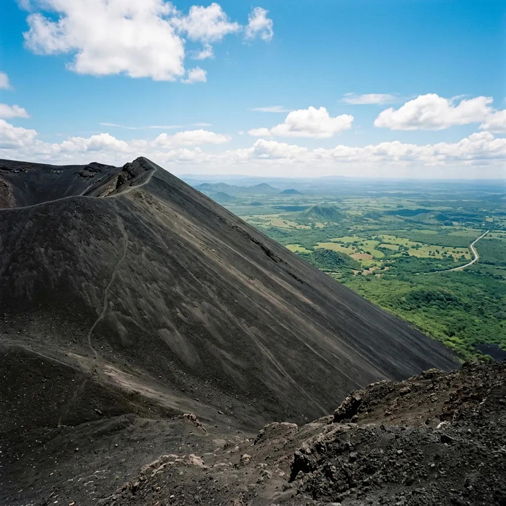 Stunning steep black ash slopes of Cerro Negro active volcano in Nicaragua under blue sky