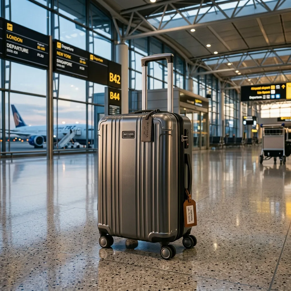 A modern hard-shell four-wheel spinner carry-on suitcase standing on a polished airport terminal floor.