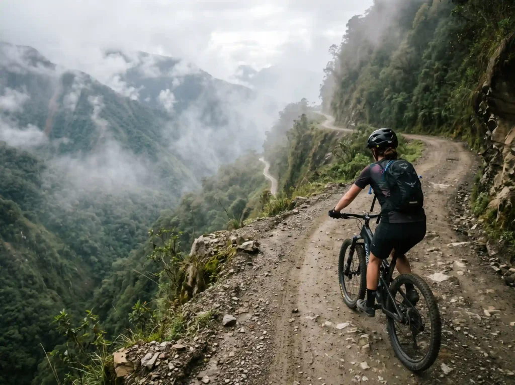 A mountain cyclist descends a