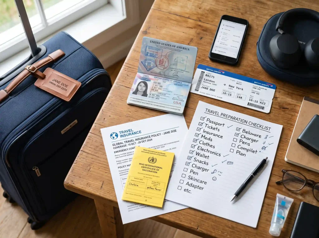 A neatly organized travel preparation