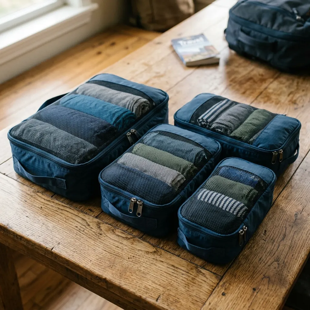A set of compression packing cubes neatly packed with rolled clothes, showing double zippers and mesh panels, resting on a wooden table.