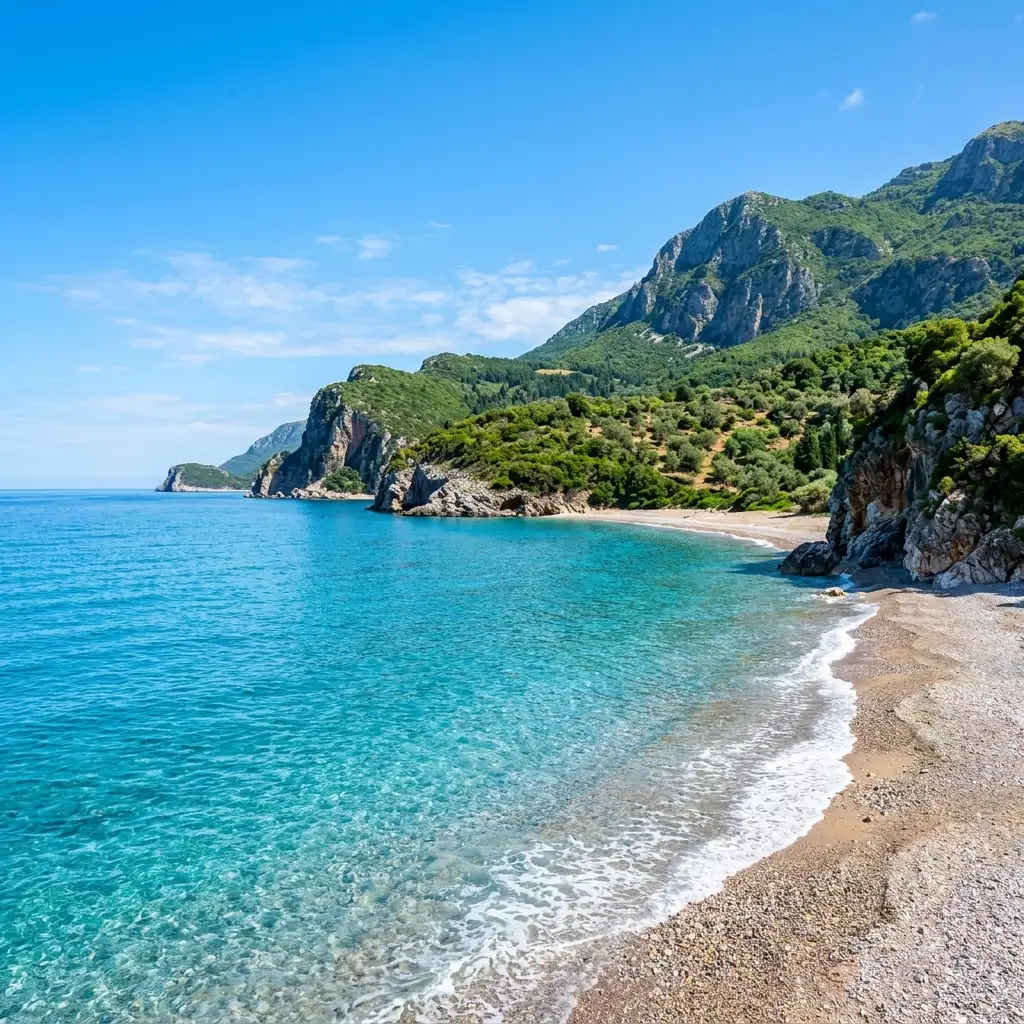 Turquoise sea and hills of the Albanian Riviera coastline