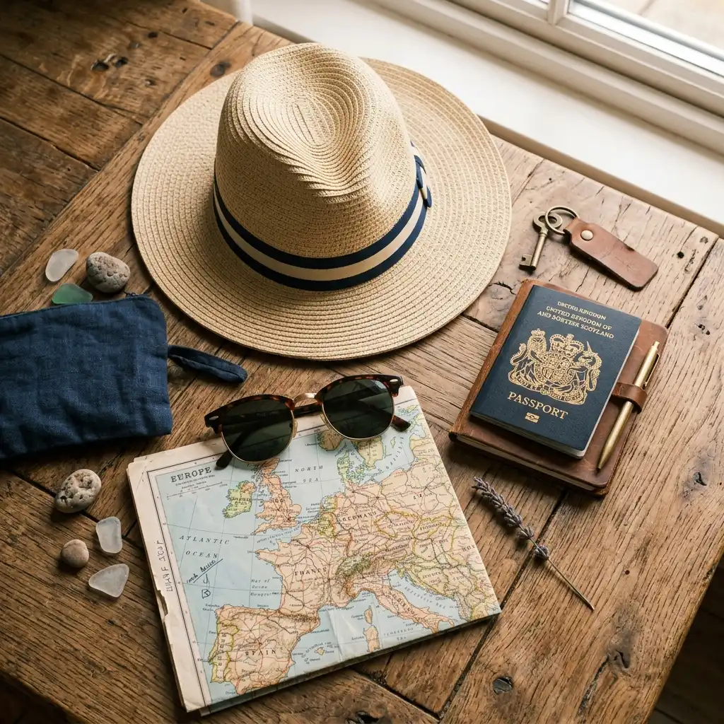 Flat-lay arrangement of travel gear, beach accessories, passport, sunglasses, and a map on a rustic wooden table