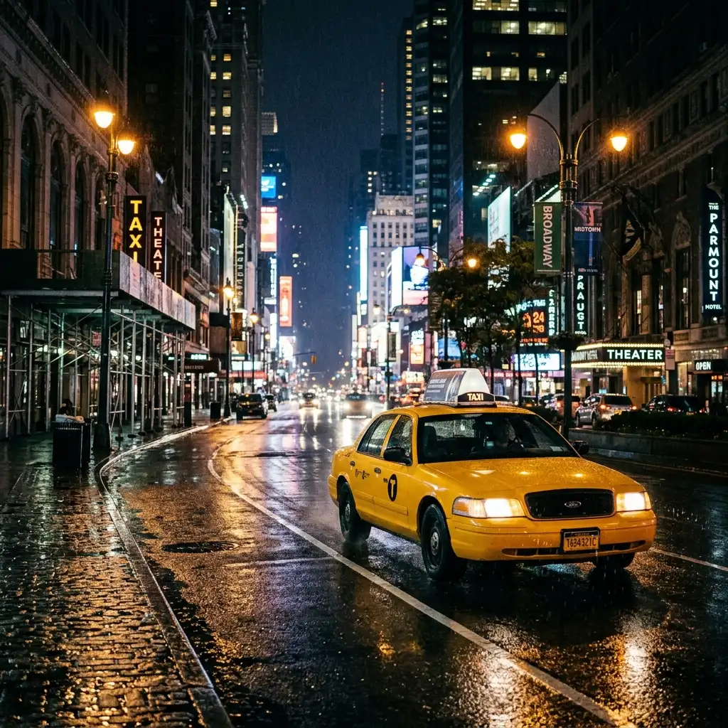 Yellow taxi cab driving down a wet city street at midnight