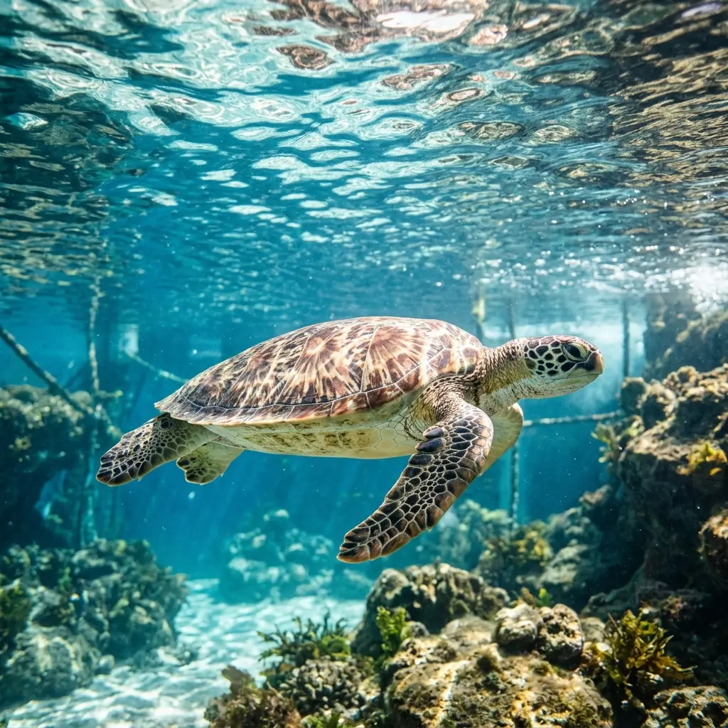 A green sea turtle swimming in clear blue water at a rehabilitation hospital