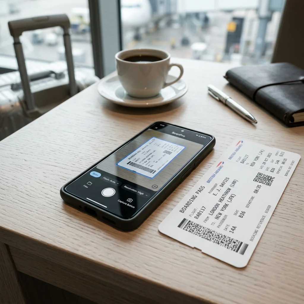 A modern smartphone displaying a document scanning application on its screen, resting on a white desk next to a printed flight ticket