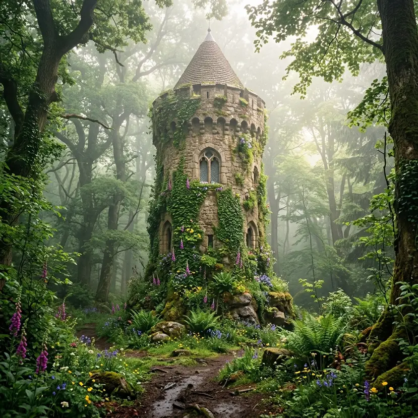 A tall medieval stone tower covered in climbing ivy in a dense forest