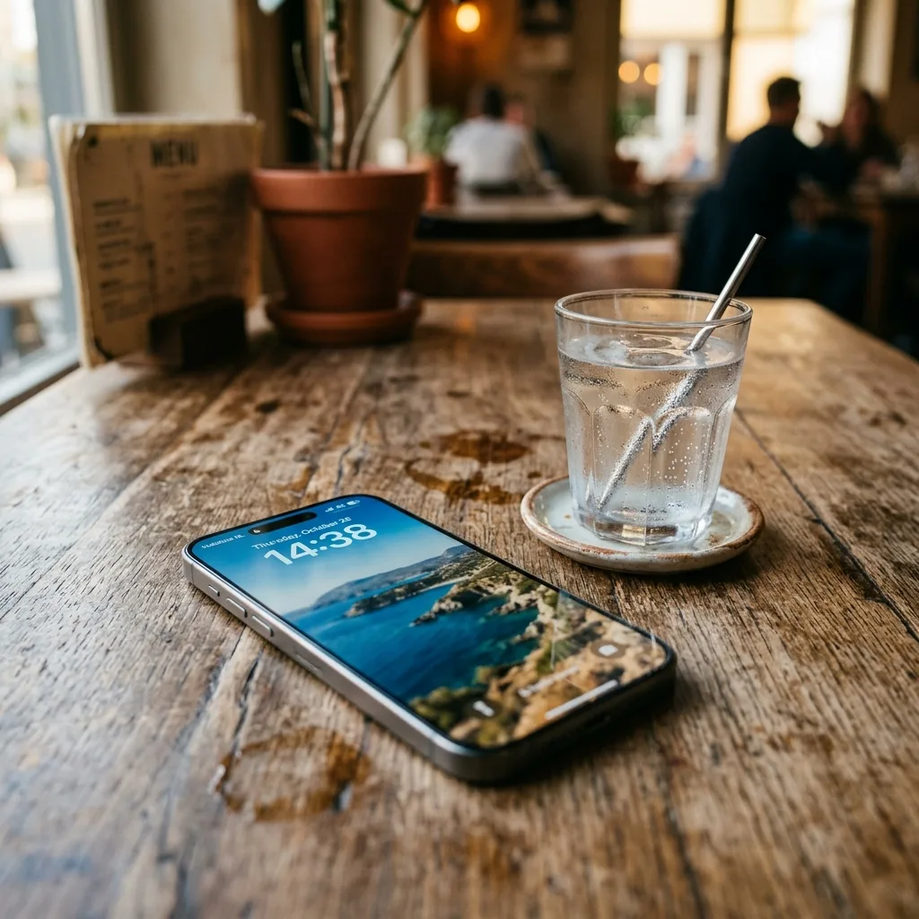 Modern smartphone showing network signal strength on a cafe table next to a glass of water