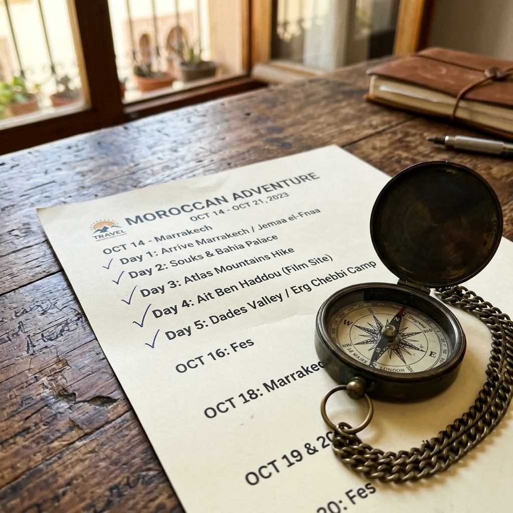 A printed paper travel itinerary with checkmarks and a vintage brass compass on a rustic wooden desk.