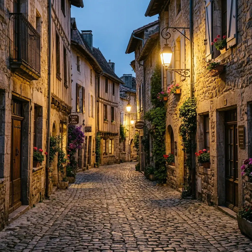 Narrow cobblestone street in a historic neighborhood
