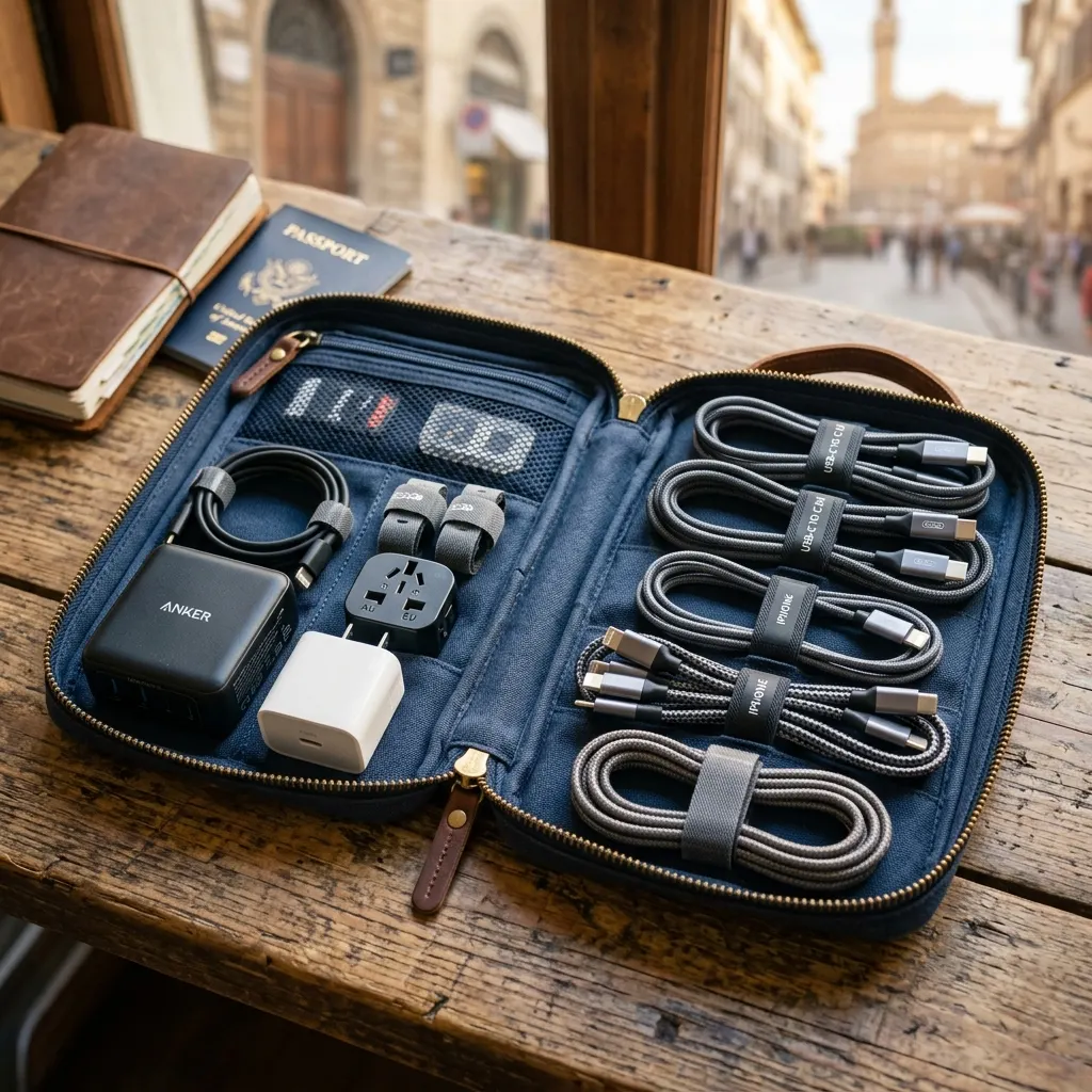 An open canvas travel cable organizer bag showcasing neatly arranged USB-C and multi-tip cables and small power adapters.