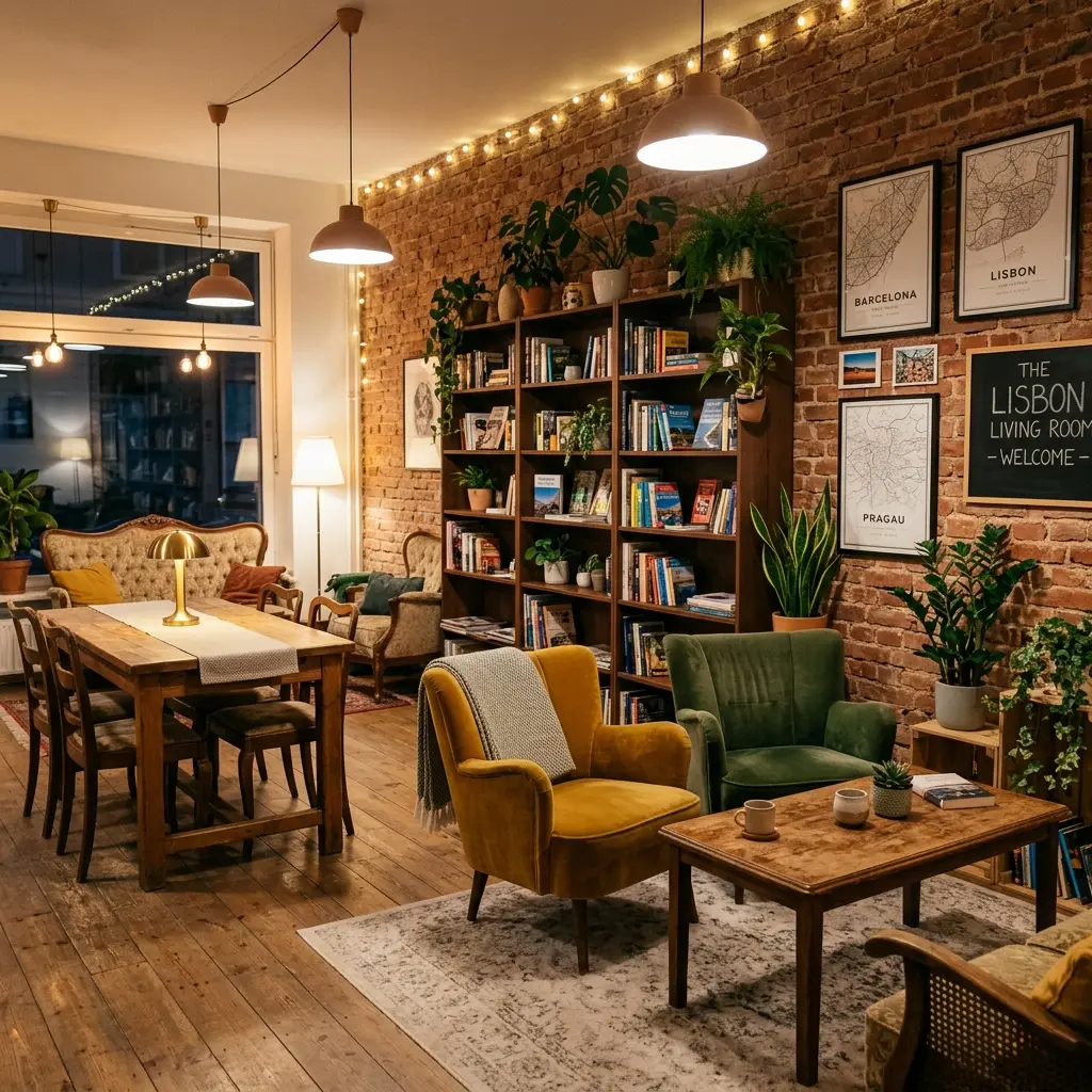 Cozy common area of a boutique European hostel