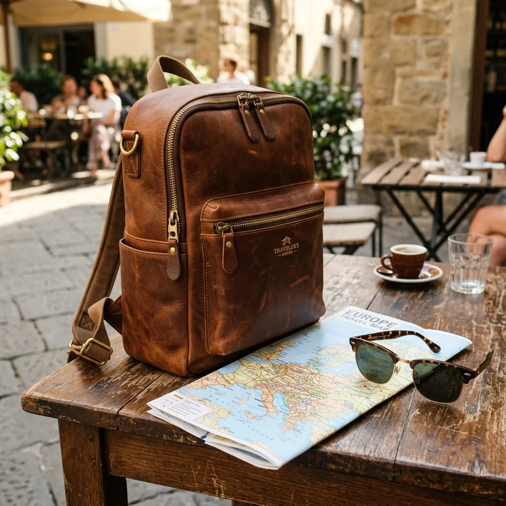 Travel backpack and map on a rustic wooden cafe table