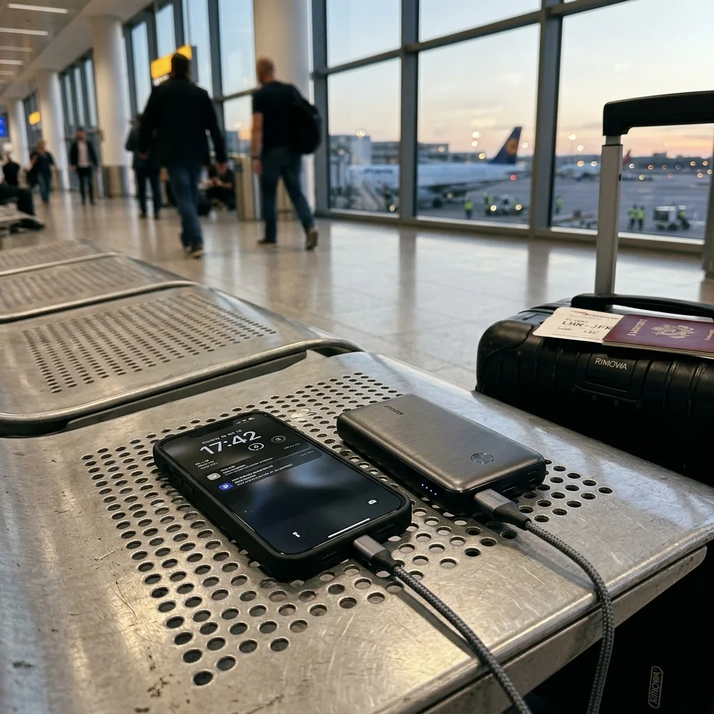 A sleek black smartphone connected to a compact portable power bank, sitting on a metallic airport terminal bench