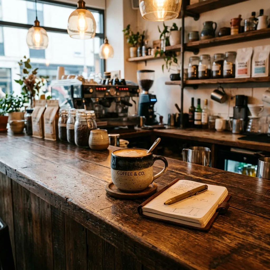 A cozy wooden bar counter at a local cafe featuring a ceramic coffee mug and a small notebook under soft hanging pendant lights.