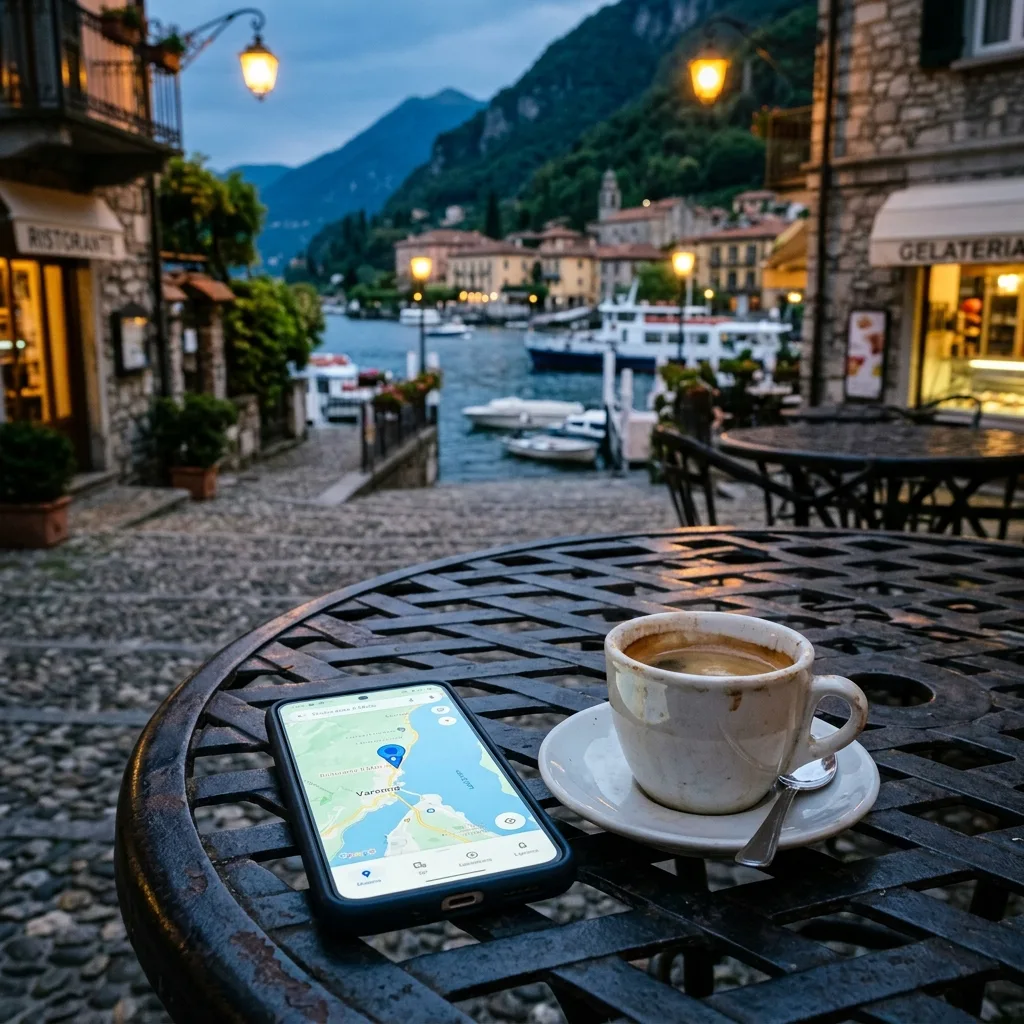 A smartphone displaying a digital map with a blue GPS pin resting next to a white cup of coffee on an outdoor cafe table.
