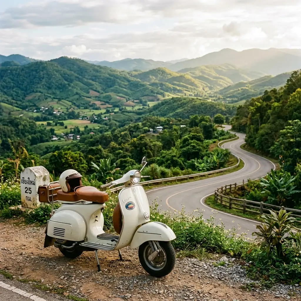 A vintage scooter parked on a scenic road overlooking the mountains of Chiang Mai