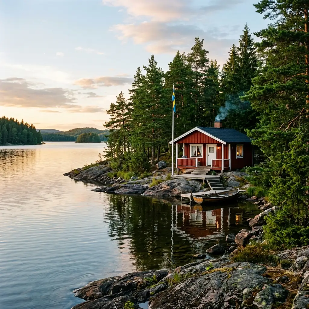 A classic red Swedish stuga cabin surrounded by trees on the shore of Lake Vättern A classic red Swedish stuga cabin surrounded by trees on the shore of Lake Vättern