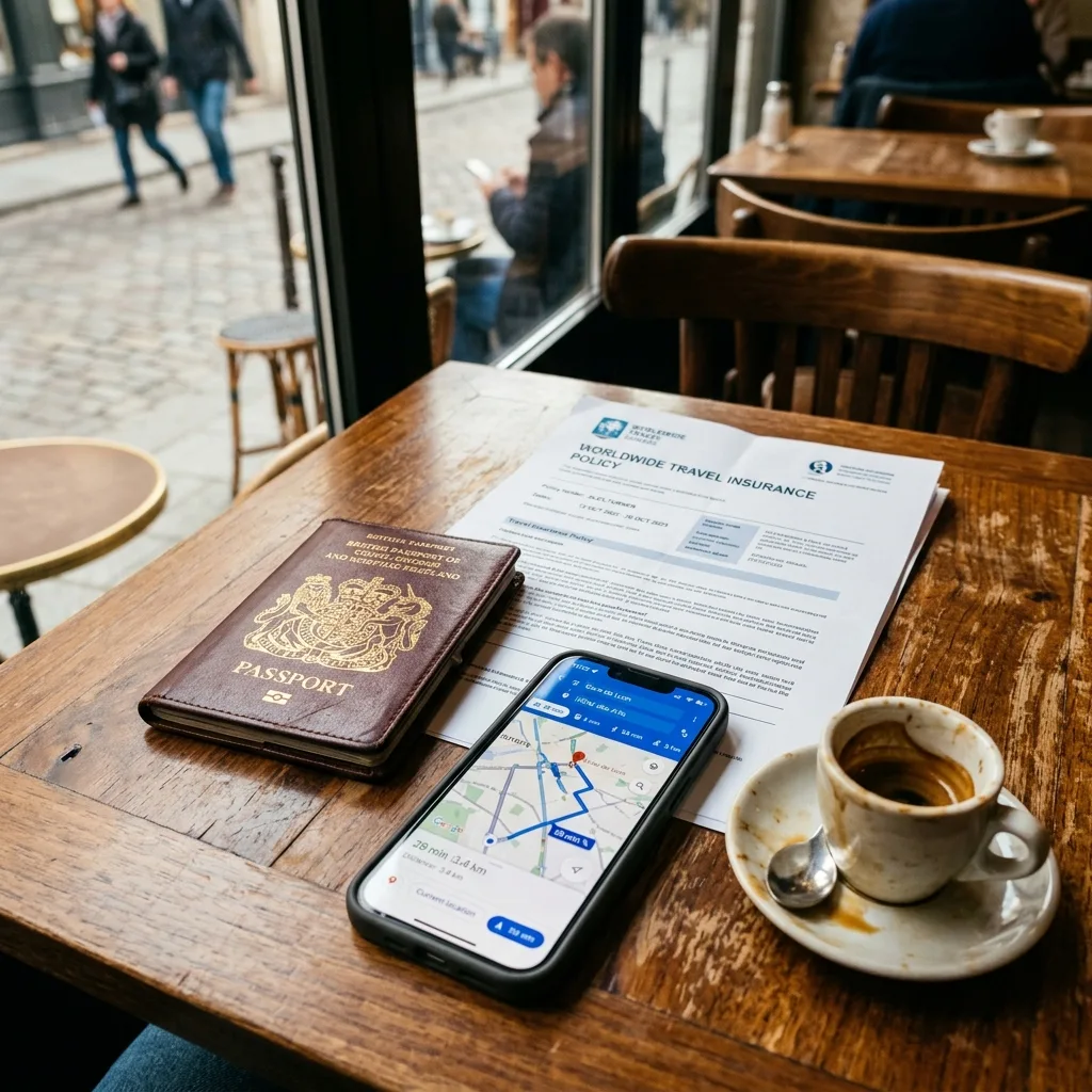 A leather-bound passport, travel insurance policy document, and a smartphone displaying a route map.
