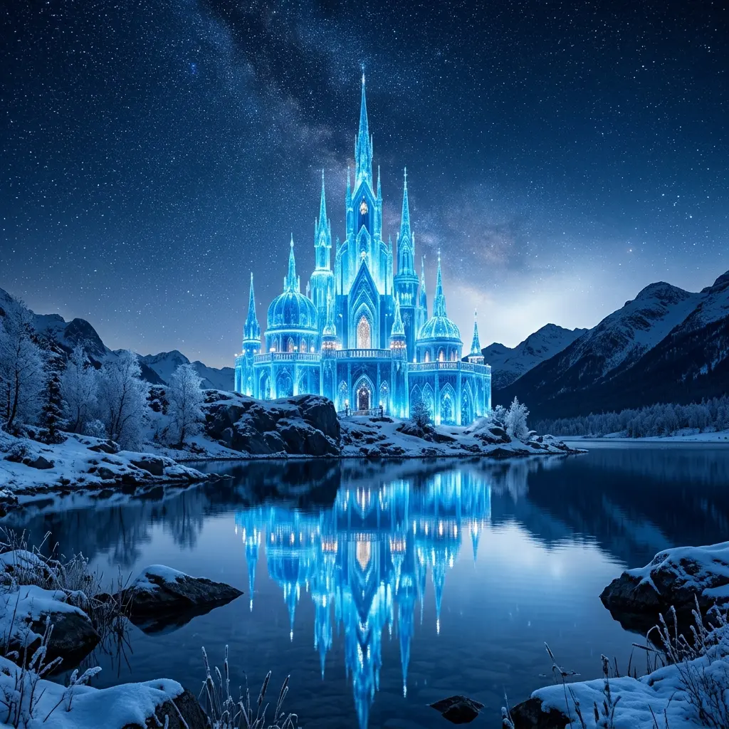 A majestic blue ice palace with soaring crystal-like spires next to a tranquil lake