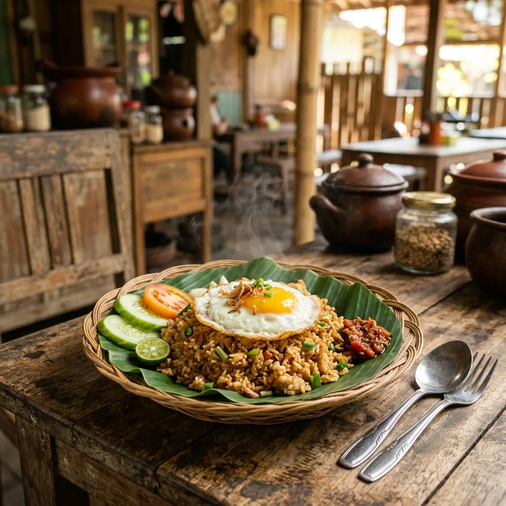 A hot plate of Indonesian Nasi Goreng served on a banana leaf inside a local warung