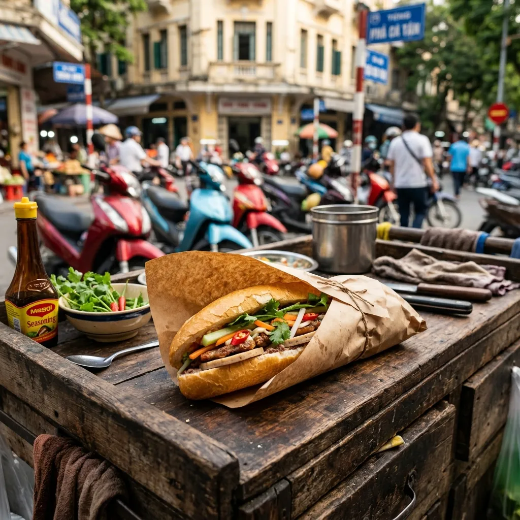 A fresh Vietnamese banh mi sandwich wrapped in brown paper on a rustic wooden cart