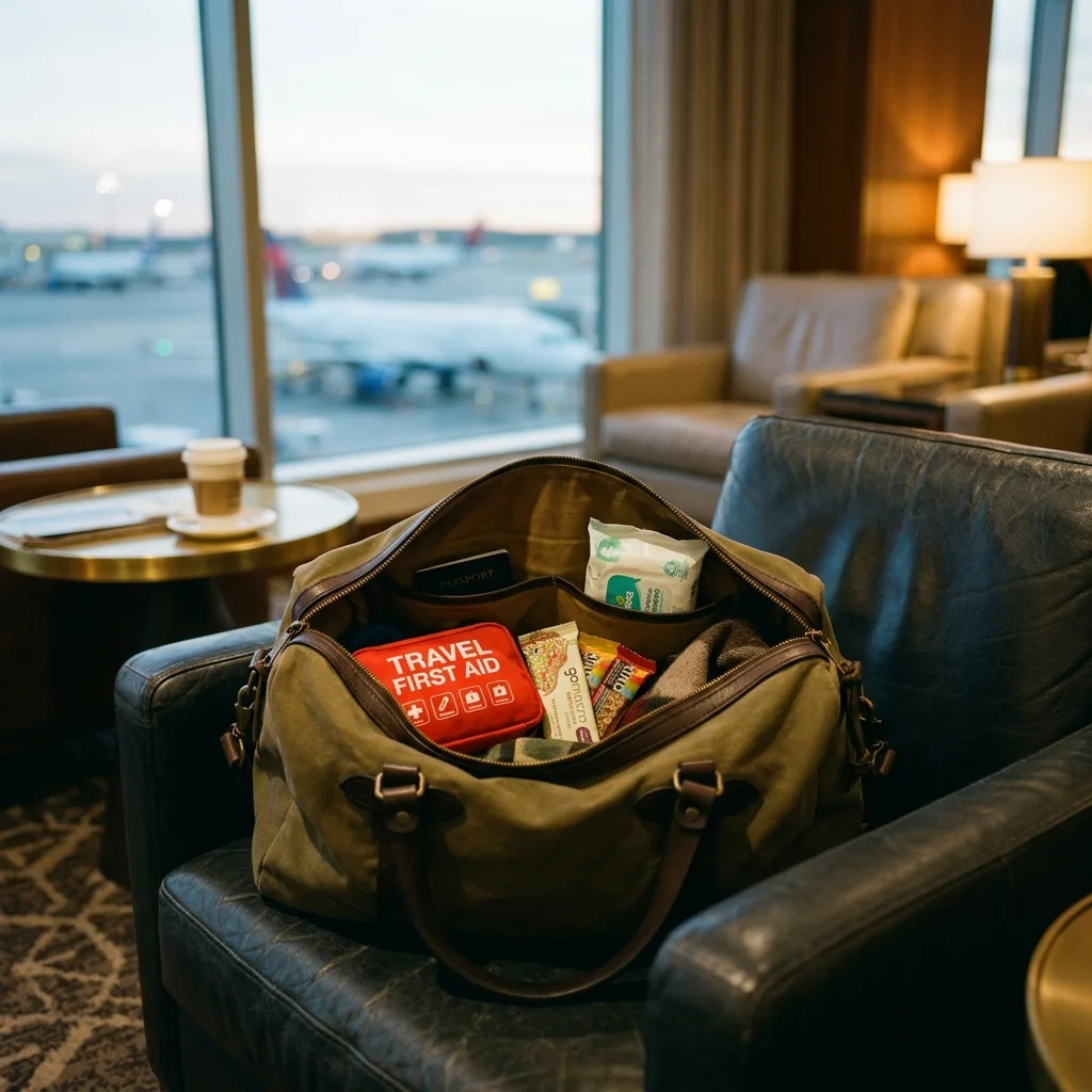 Open carry-on bag with first aid kit and travel snacks on an airport seat