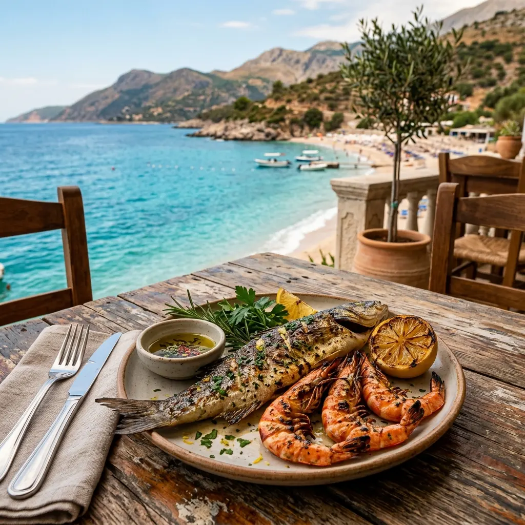 Grilled fresh seafood plate at a beachside restaurant in the Albanian Riviera