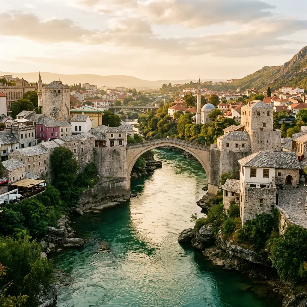 The historic Stari Most bridge in Mostar spanning the green Neretva river