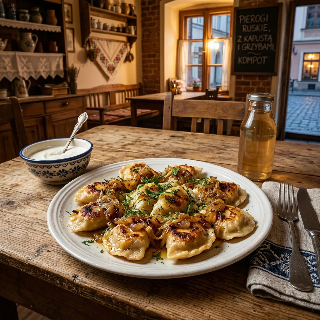 A plate of pan-fried Polish pierogi with caramelized onions at a milk bar in Krakow