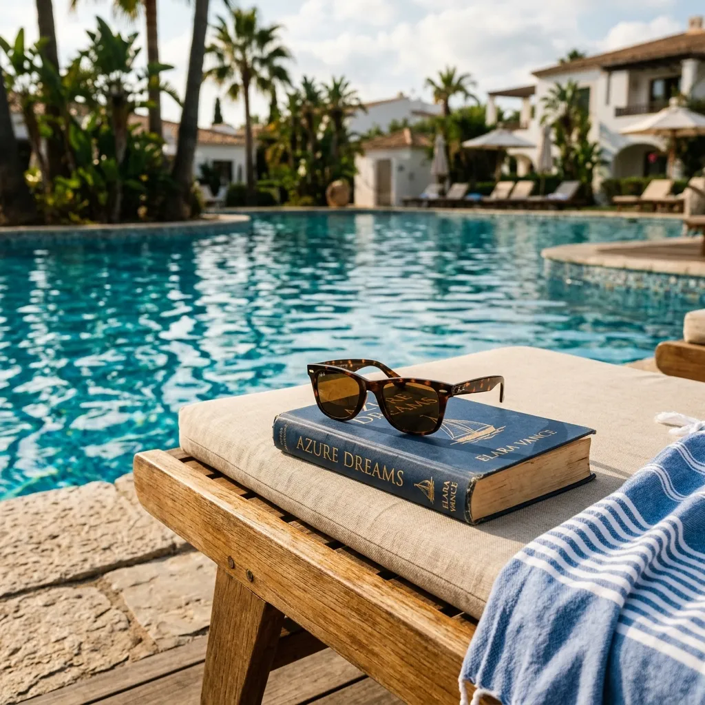 Relaxing swimming pool at a family vacation resort with lounge chair and reading book