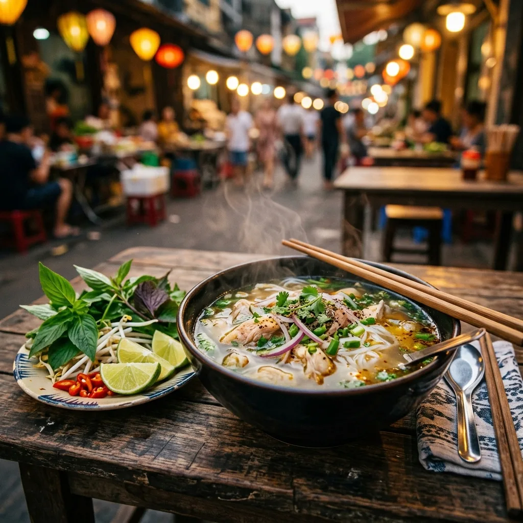 Steaming bowl of Vietnamese pho noodle soup on a rustic wooden table at an outdoor market