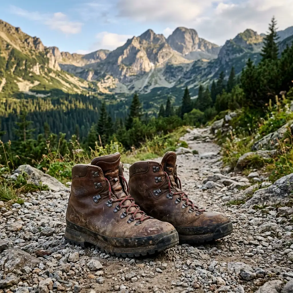 Sturdy hiking boots on a rocky trail in the scenic Rila mountains of Bulgaria