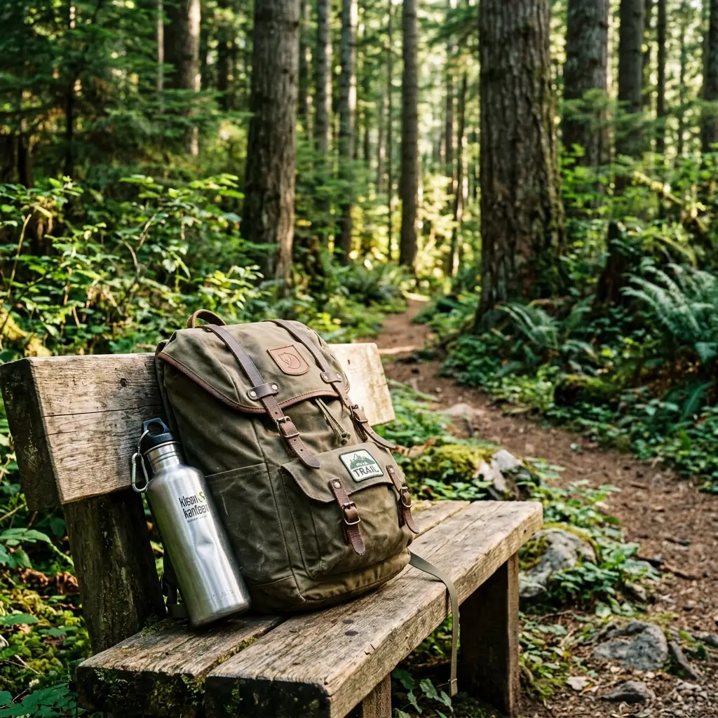 Canvas travel backpack and water bottle on a forest trail bench during a family hike
