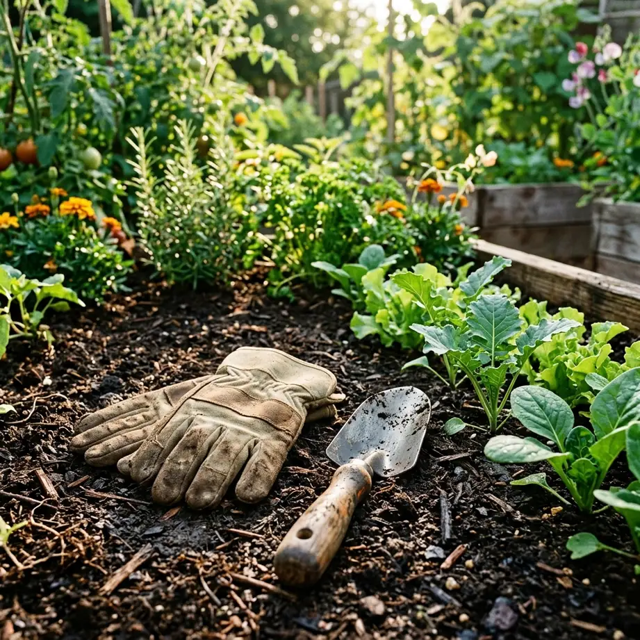 Pair of canvas gardening gloves and trowel on rich soil in a green vegetable garden