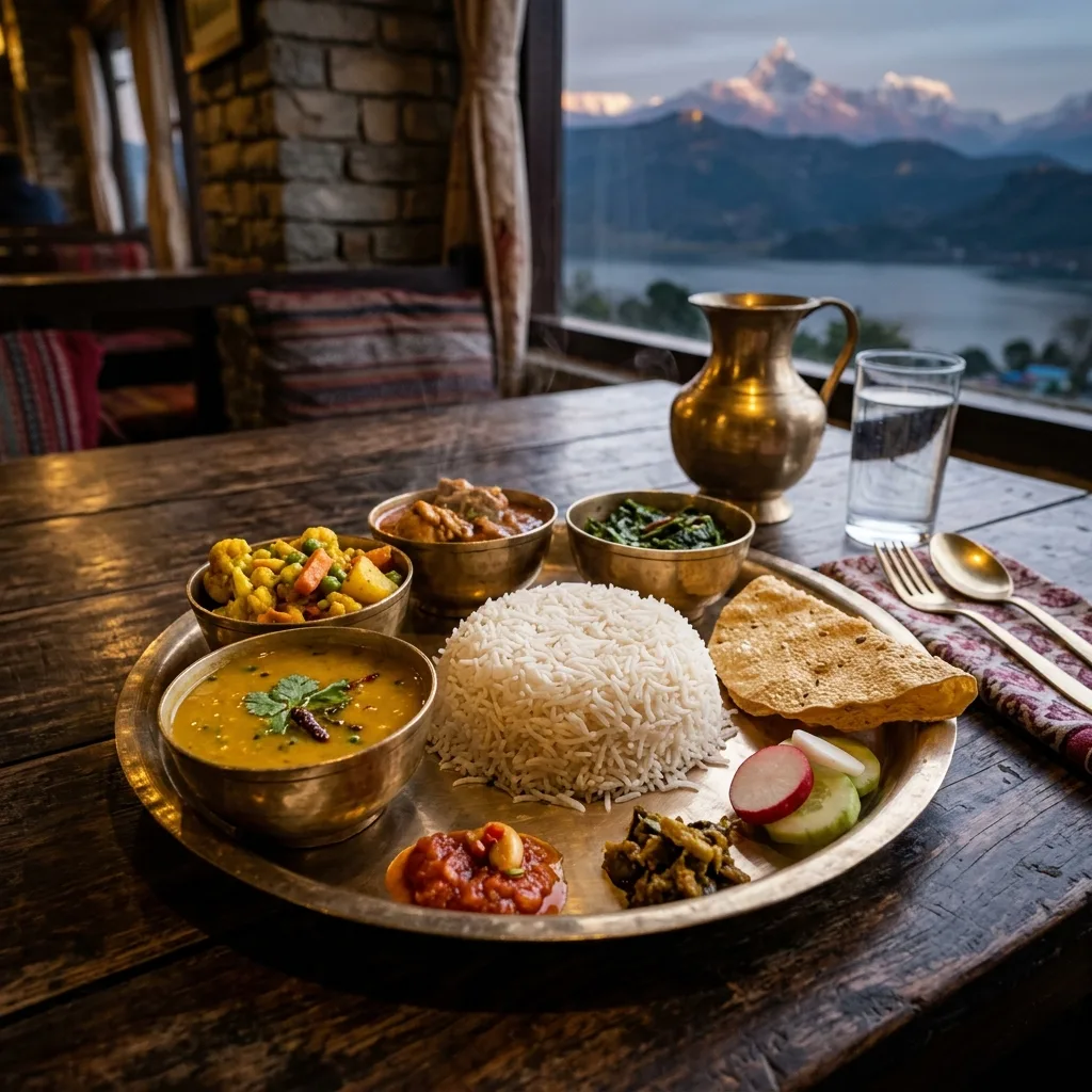A traditional Nepalese brass platter containing dal bhat with lentil soup and rice